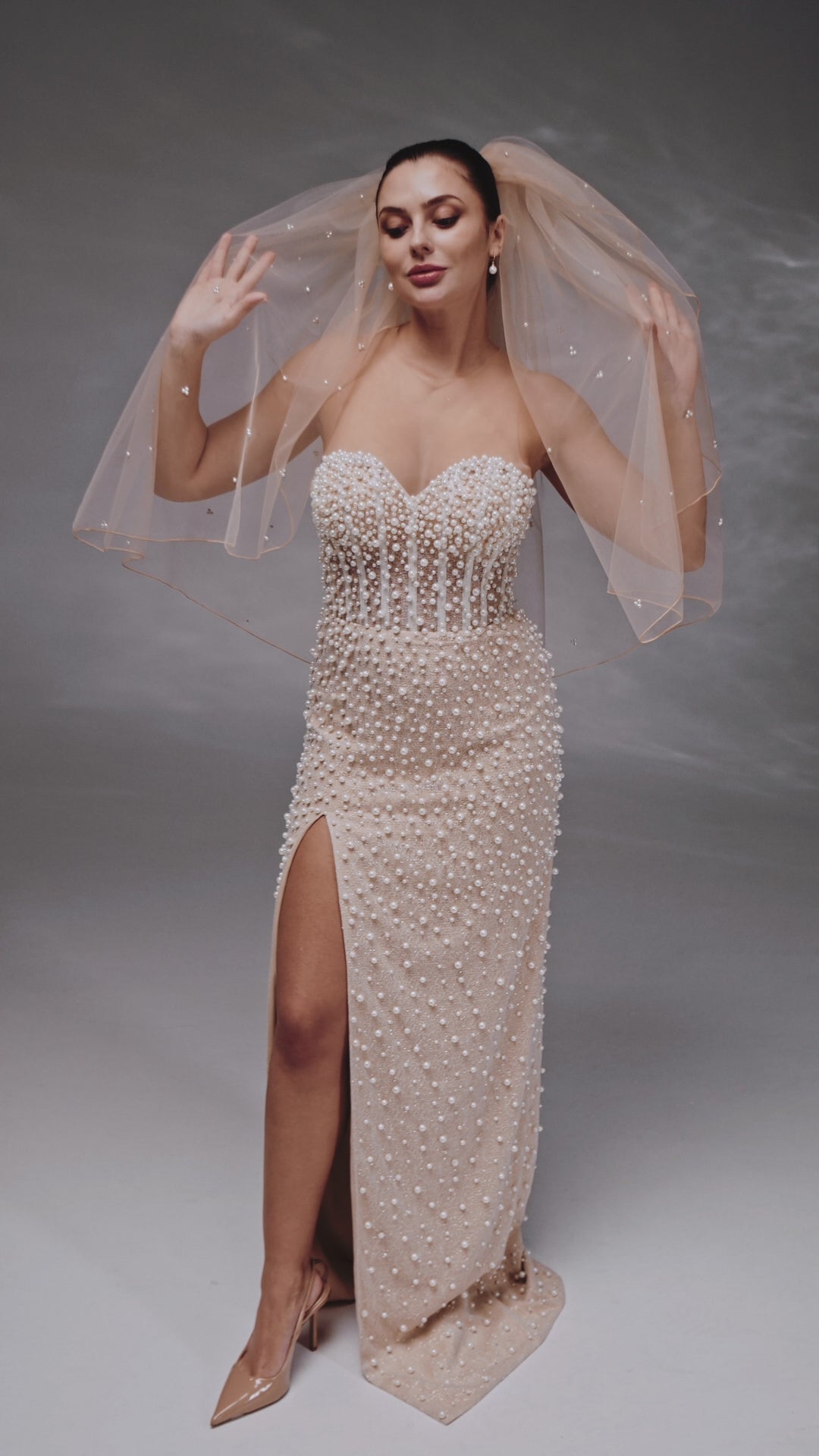 Cappuccino Waist-Length Bridal Veil with Pencil Edge Trim and Pearls