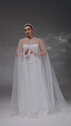 Ivory Chapel-Length Bridal Cape with Pearls