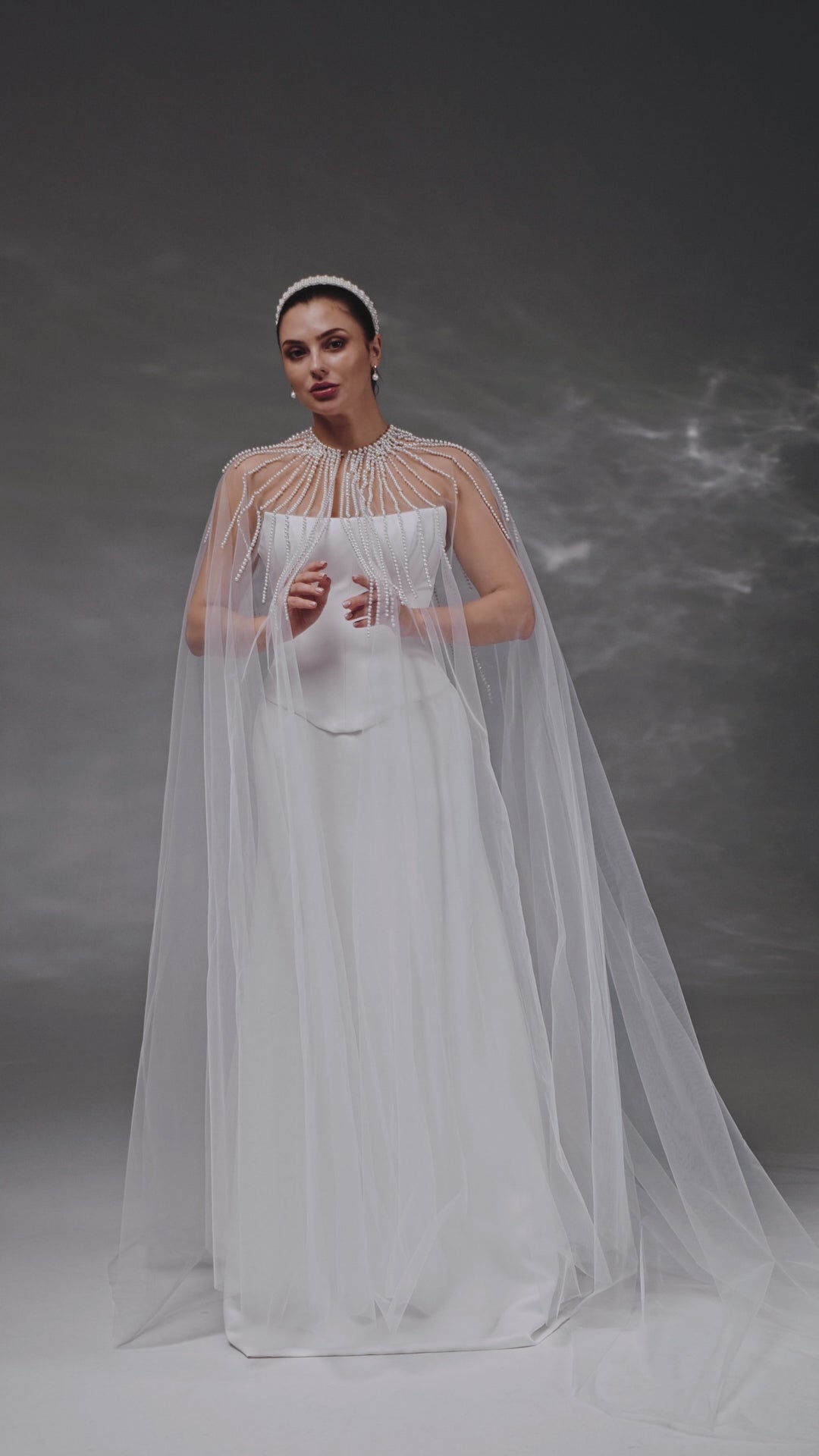 Ivory Chapel-Length Bridal Cape with Pearls